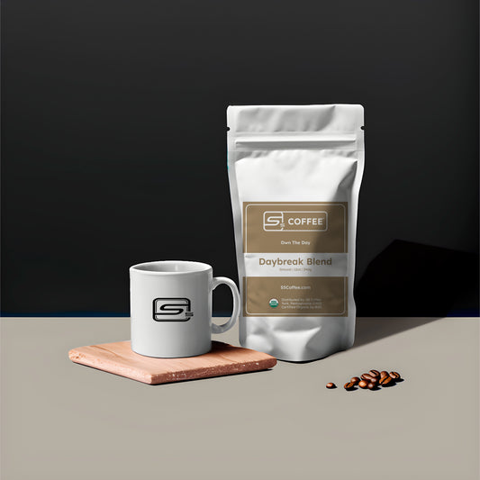 Coffee bag and mug with 'S5 Coffee' branding on a dark background