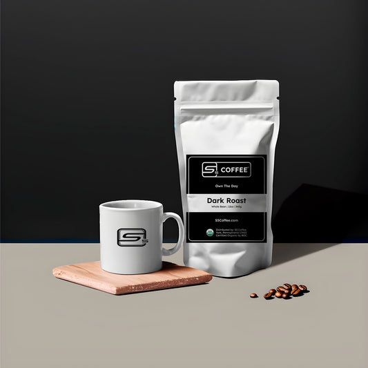 Coffee bag and mug with 'S5 Coffee' branding on a dark background